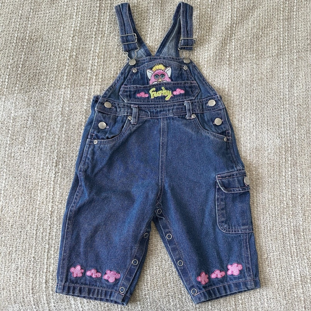 Vintage Furby Overalls Size 12 Months 90's Y2K Pink Denim Jeans Outfit Romper - Picture 14 of 14